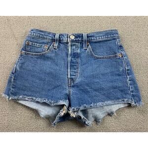 Levis 501 Cutoff Denim Shorts Women W27 Blue Raw Hem Frayed Logo Patch